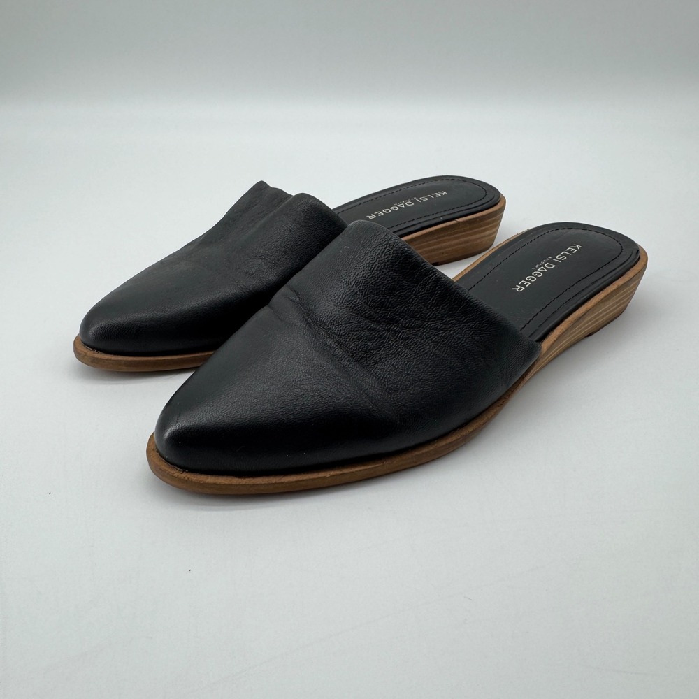 Kelsi Dagger Brooklyn Leather Low Mules 7.5 Black Pointed Toe Witch Slip On